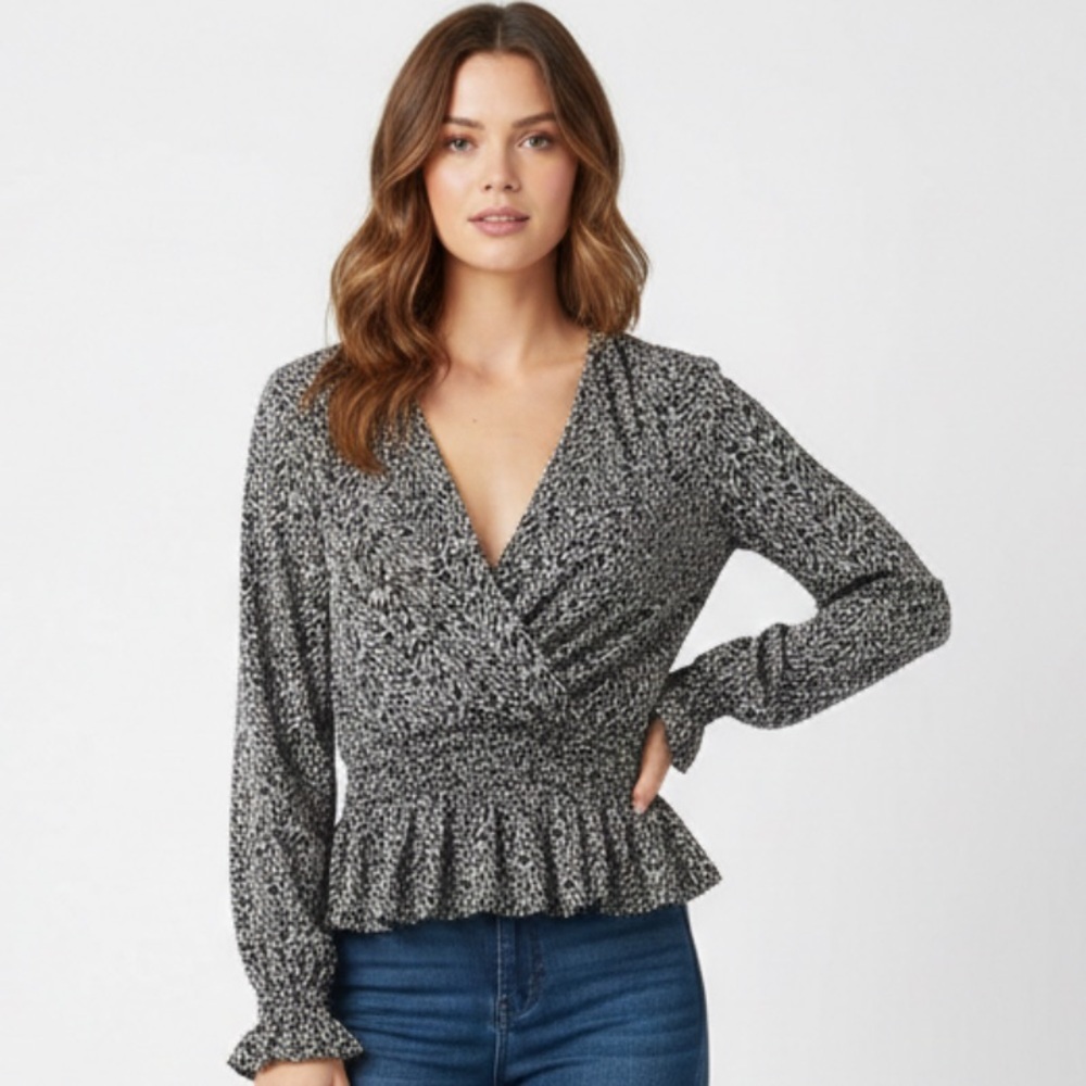 Kontrol Black and White Floral Wrap Style Women's Top Size Medium